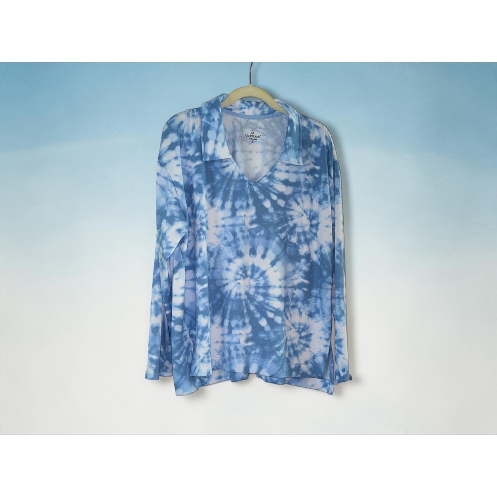 Cuddl Duds Womens Blue White Tie Dye Long Sleeve V-Neck Collared Top Size LEuc